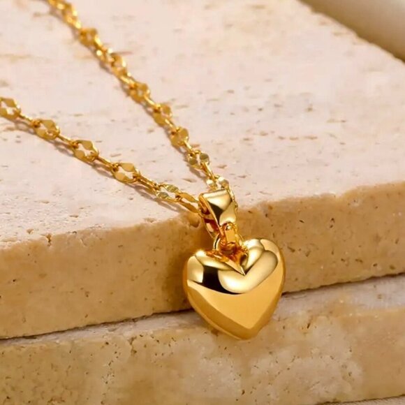 18K Golden Plated Puffy Heart Pendant Necklace - Picture 3 of 5